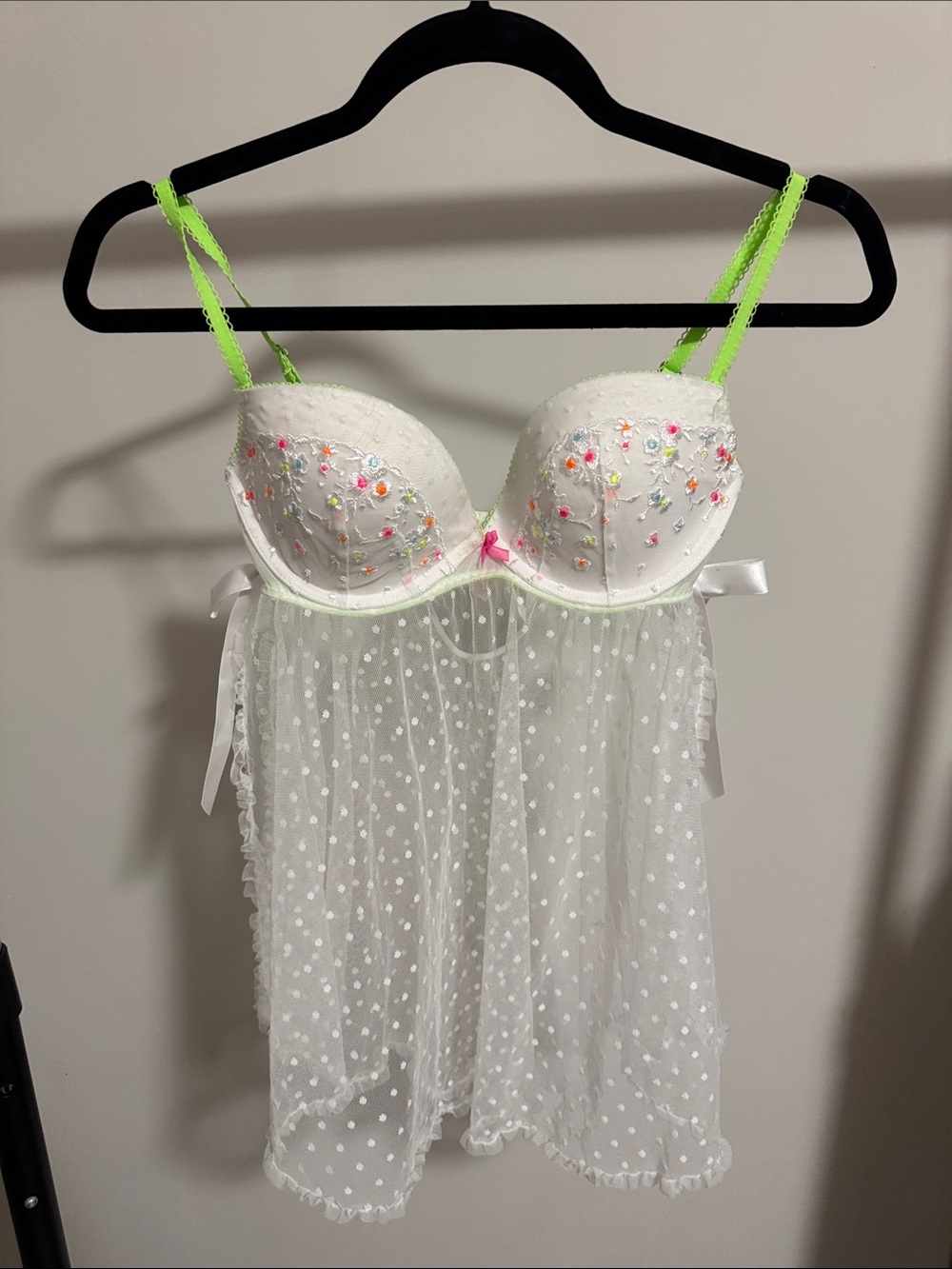 Victoria's Secret White Sheer Polka-Dot Babydoll with Neon Green Straps